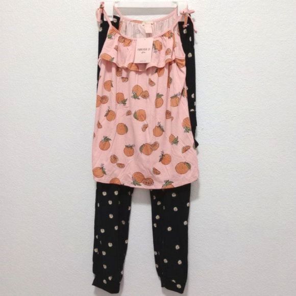 NWT Forever 21 Kids Girl's Daisy Print Joggers and Orange Print Cami Top Bundle - Picture 1 of 11